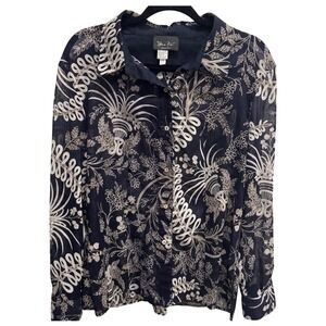 Vintage Diane Freis Original Sheer Floral Button Up Blouse 100%‎ Cotton, Navy